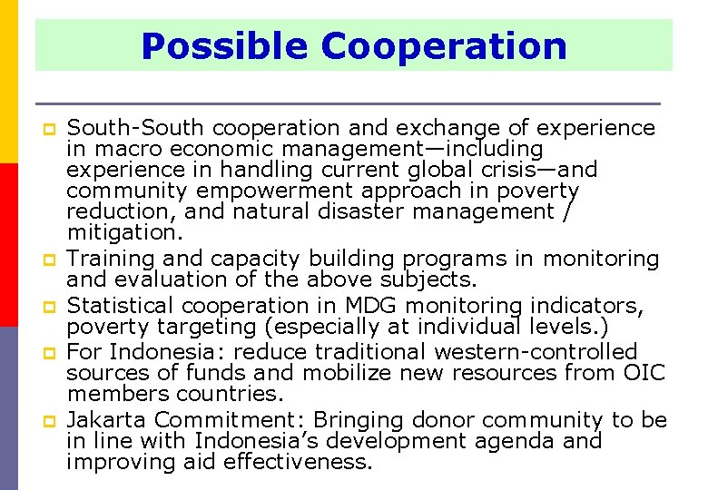 Possible Cooperation p p p South-South cooperation and exchange of experience in macro economic