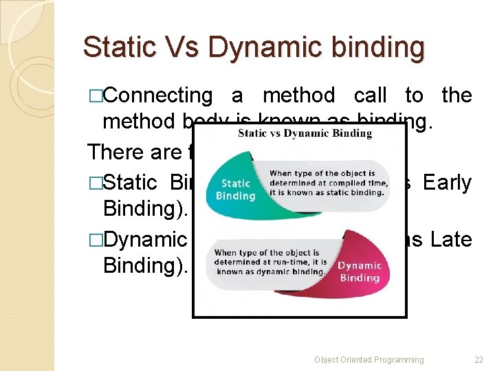 Static Vs Dynamic binding �Connecting a method call to the method body is known
