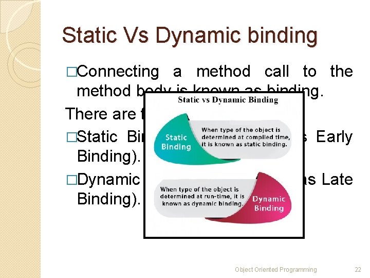 Static Vs Dynamic binding �Connecting a method call to the method body is known Static Vs Dynamic binding �Connecting a method call to the method body is known