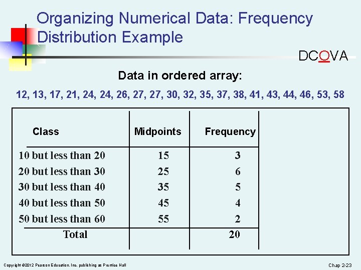 Organizing Numerical Data: Frequency Distribution Example DCOVA Data in ordered array: 12, 13, 17,