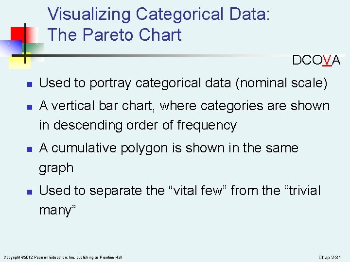 Visualizing Categorical Data: The Pareto Chart DCOVA n n Used to portray categorical data