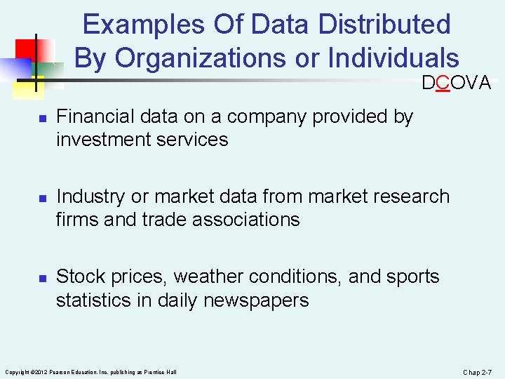 Examples Of Data Distributed By Organizations or Individuals DCOVA n n n Financial data