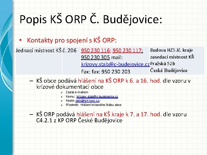 Popis KŠ ORP Č. Budějovice: • Kontakty pro spojení s KŠ ORP: Jednací místnost