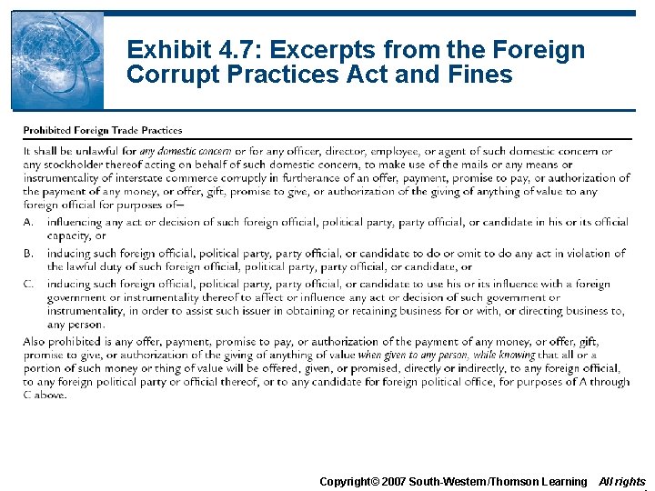 Exhibit 4. 7: Excerpts from the Foreign Corrupt Practices Act and Fines Copyright© 2007