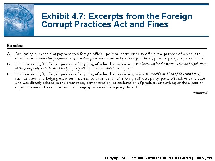 Exhibit 4. 7: Excerpts from the Foreign Corrupt Practices Act and Fines Copyright© 2007