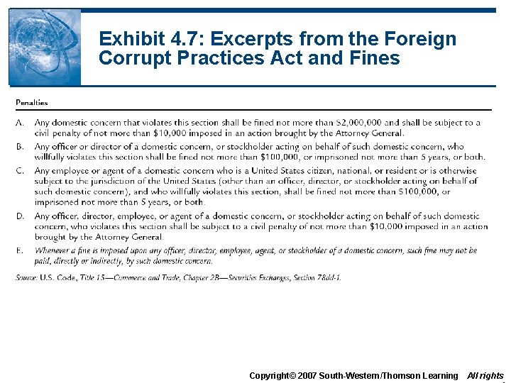 Exhibit 4. 7: Excerpts from the Foreign Corrupt Practices Act and Fines Copyright© 2007