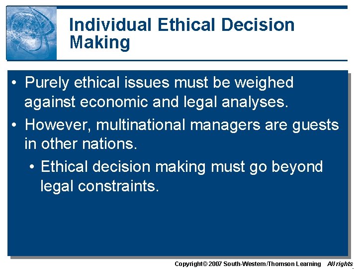 Individual Ethical Decision Making • Purely ethical issues must be weighed against economic and