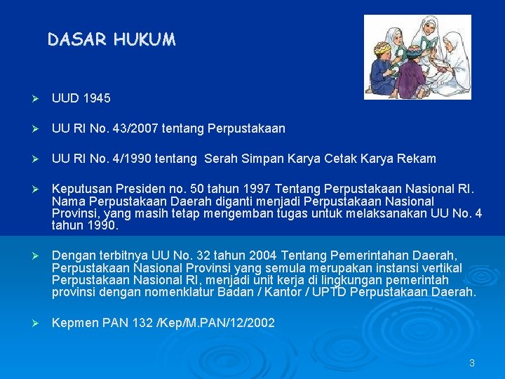 DASAR HUKUM Ø UUD 1945 Ø UU RI No. 43/2007 tentang Perpustakaan Ø UU