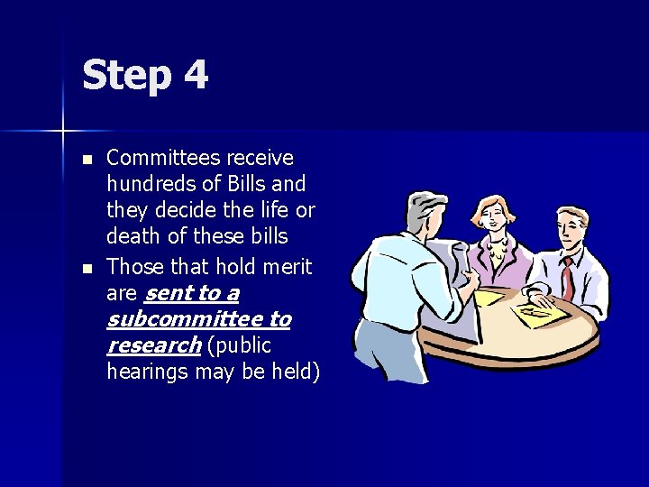 Step 4 n n Committees receive hundreds of Bills and they decide the life