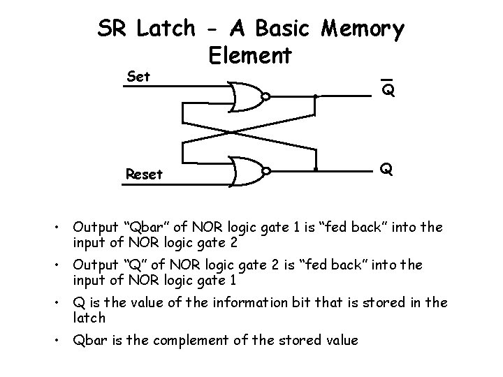 SR Latch - A Basic Memory Element Set Reset Q Q • Output “Qbar” SR Latch - A Basic Memory Element Set Reset Q Q • Output “Qbar”