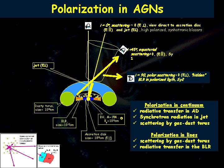 Polarization in AGNs i ~ 0 , scattering ~ 0 (E ), view direct