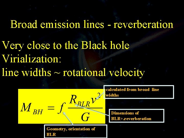 Broad emission lines - reverberation Very close to the Black hole Virialization: line widths