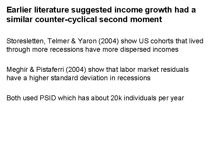 Earlier literature suggested income growth had a similar counter-cyclical second moment Storesletten, Telmer &