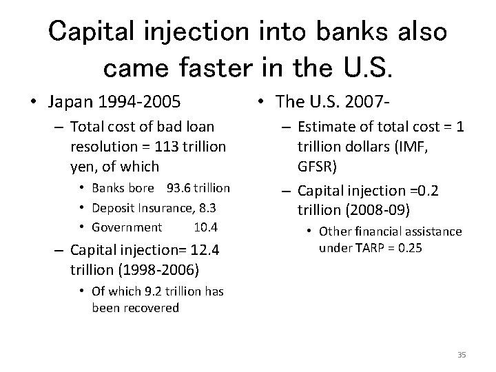 Capital injection into banks also came faster in the U. S. • Japan 1994