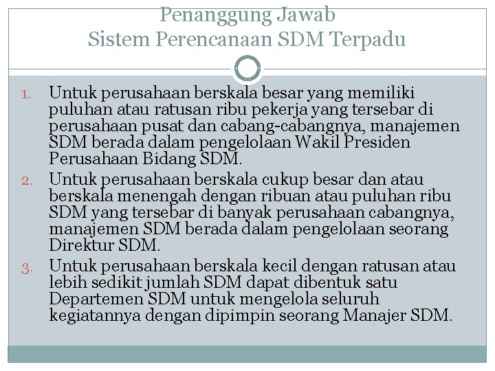 Penanggung Jawab Sistem Perencanaan SDM Terpadu Untuk perusahaan berskala besar yang memiliki puluhan atau