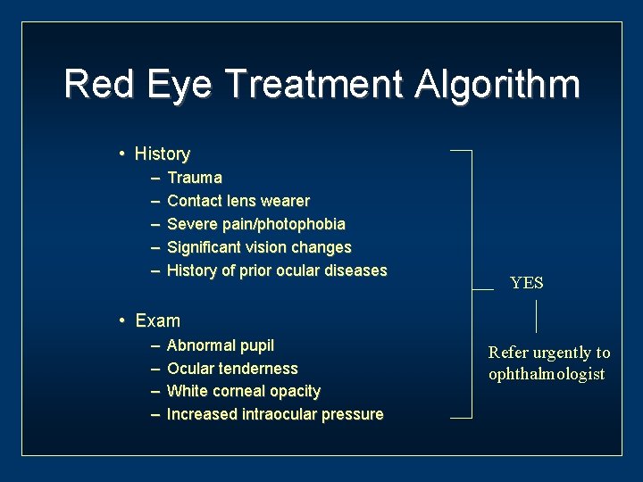 Red Eye Treatment Algorithm • History – – – Trauma Contact lens wearer Severe