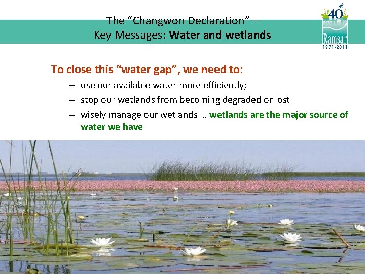 The “Changwon Declaration” – Key Messages: Water and wetlands To close this “water gap”,