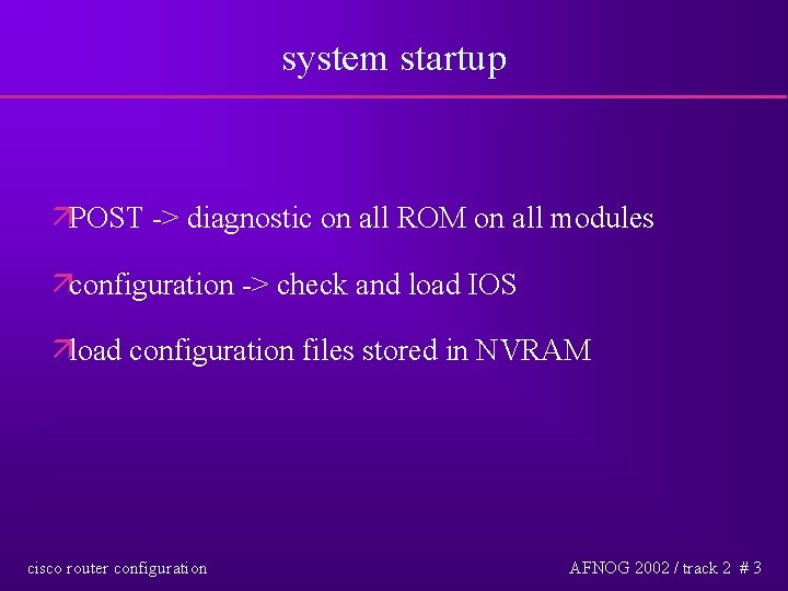 system startup äPOST -> diagnostic on all ROM on all modules äconfiguration -> check