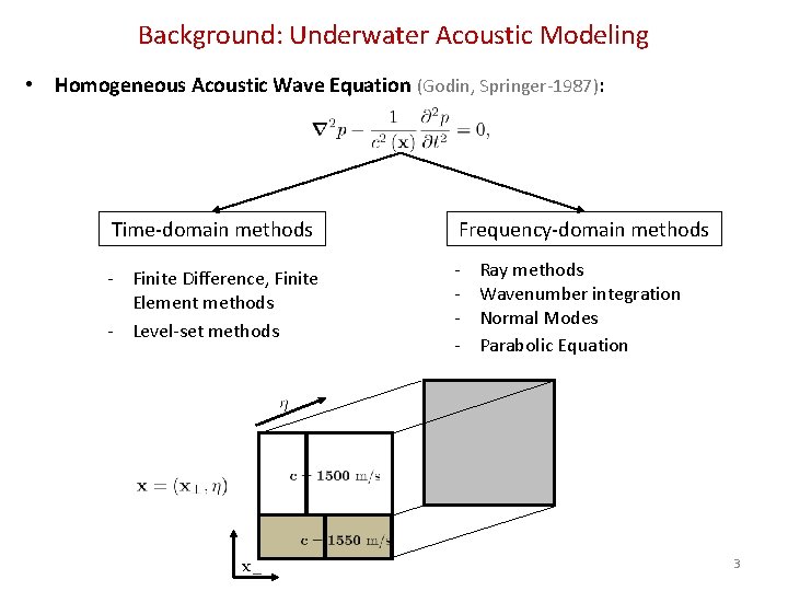 Background: Underwater Acoustic Modeling • Homogeneous Acoustic Wave Equation (Godin, Springer‐ 1987): Time‐domain methods