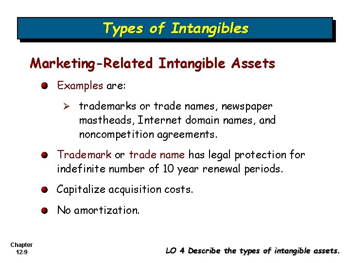 Types of Intangibles Marketing-Related Intangible Assets Examples are: Ø trademarks or trade names, newspaper
