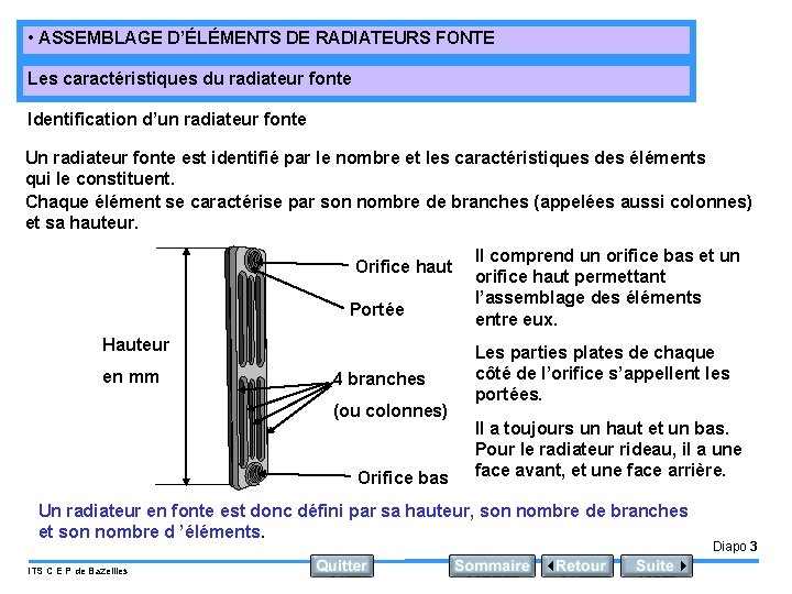  • ASSEMBLAGE D’ÉLÉMENTS DE RADIATEURS FONTE Les caractéristiques du radiateur fonte Identification d’un