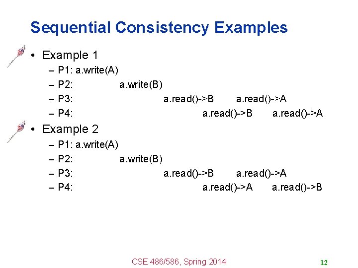 Sequential Consistency Examples • Example 1 – – P 1: a. write(A) P 2: