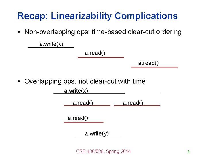 Recap: Linearizability Complications • Non-overlapping ops: time-based clear-cut ordering a. write(x) a. read() •