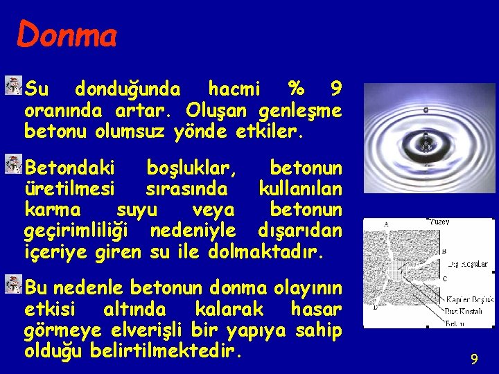 Donma Su donduğunda hacmi % 9 oranında artar. Oluşan genleşme betonu olumsuz yönde etkiler.