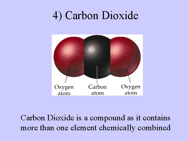 4) Carbon Dioxide is a compound as it contains more than one element chemically