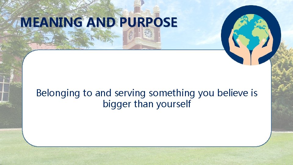 MEANING AND PURPOSE Belonging to and serving something you believe is bigger than yourself
