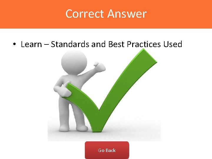 Correct Answer • Learn – Standards and Best Practices Used Go Back 