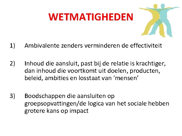 WETMATIGHEDEN 1) Ambivalente zenders verminderen de effectiviteit 2) Inhoud die aansluit, past bij de