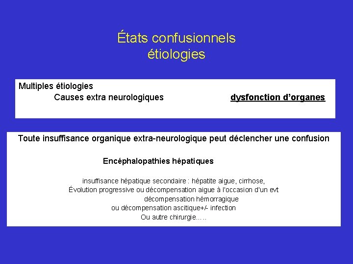 États confusionnels étiologies Multiples étiologies Causes extra neurologiques dysfonction d’organes Toute insuffisance organique extra-neurologique