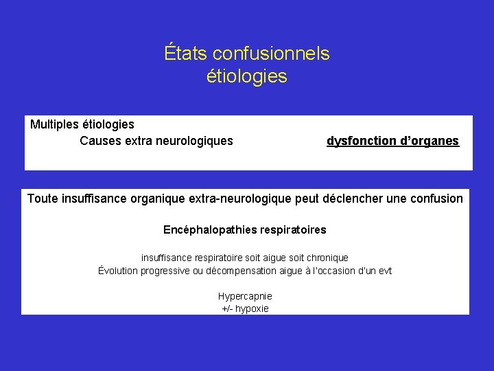 États confusionnels étiologies Multiples étiologies Causes extra neurologiques dysfonction d’organes Toute insuffisance organique extra-neurologique