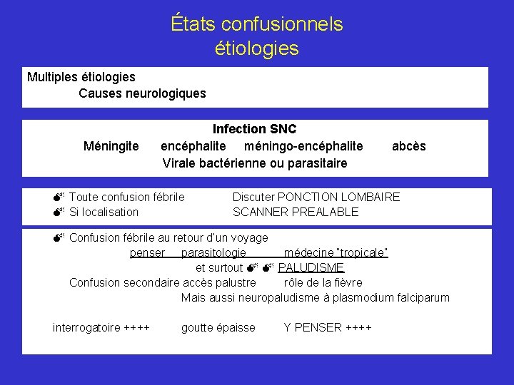 États confusionnels étiologies Multiples étiologies Causes neurologiques Infection SNC Méningite encéphalite méningo-encéphalite Virale bactérienne