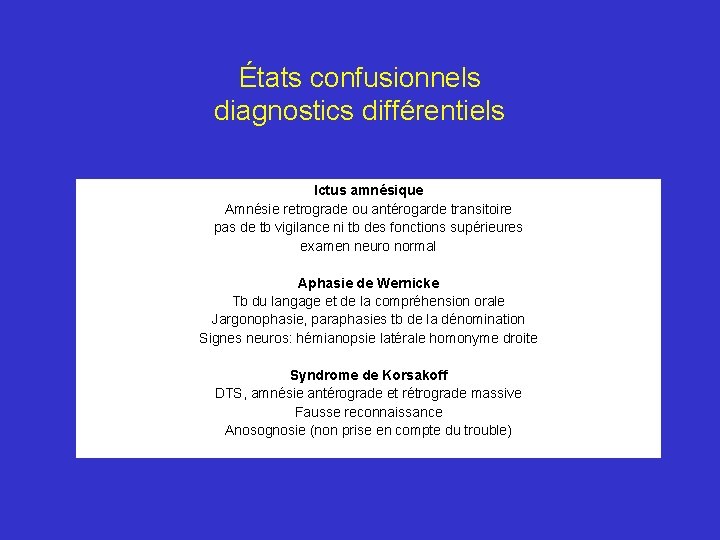 États confusionnels diagnostics différentiels Ictus amnésique Amnésie retrograde ou antérogarde transitoire pas de tb