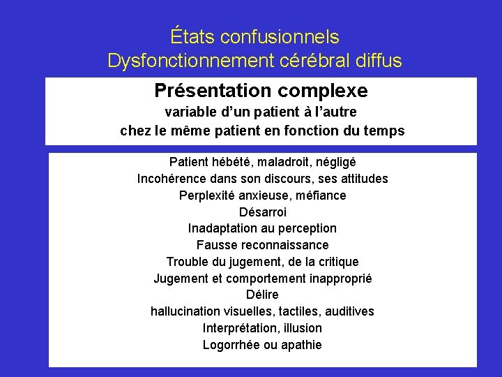 États confusionnels Dysfonctionnement cérébral diffus Présentation complexe variable d’un patient à l’autre chez le