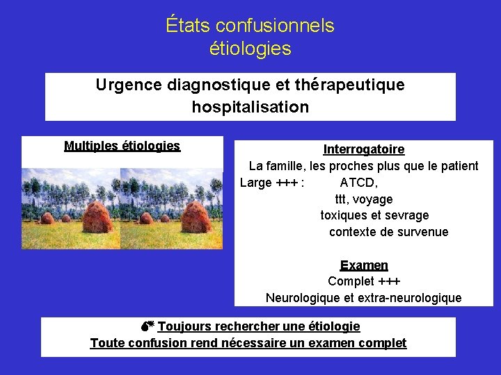 États confusionnels étiologies Urgence diagnostique et thérapeutique hospitalisation Multiples étiologies Interrogatoire La famille, les