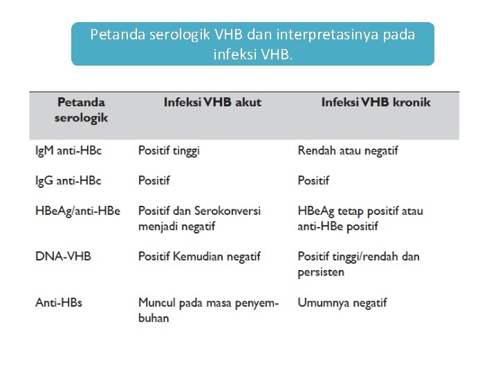 Petanda serologik VHB dan interpretasinya pada infeksi VHB. 