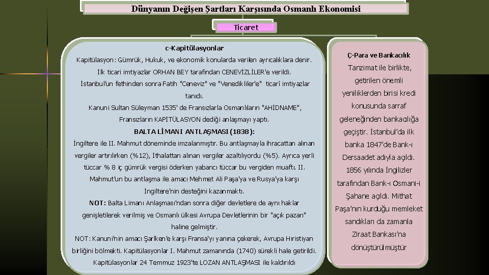 Dünyanın Değişen Şartları Karşısında Osmanlı Ekonomisi Ticaret c-Kapitülasyonlar Kapitülasyon: Gümrük, Hukuk, ve ekonomik konularda