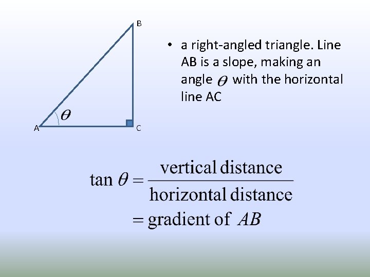 B • a right-angled triangle. Line AB is a slope, making an angle with