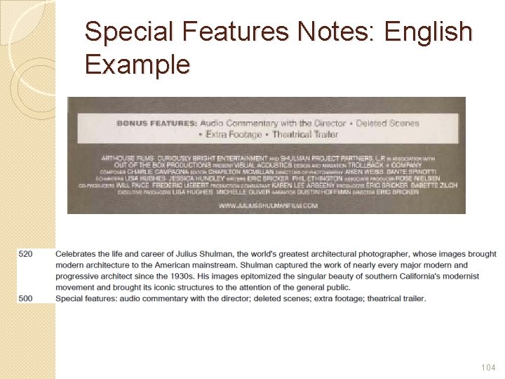 Special Features Notes: English Example 104 