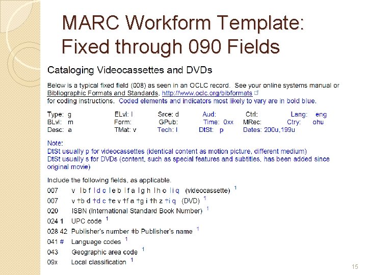 MARC Workform Template: Fixed through 090 Fields 15 