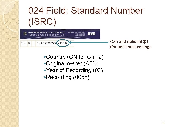 024 Field: Standard Number (ISRC) Can add optional $d (for additional coding) • Country