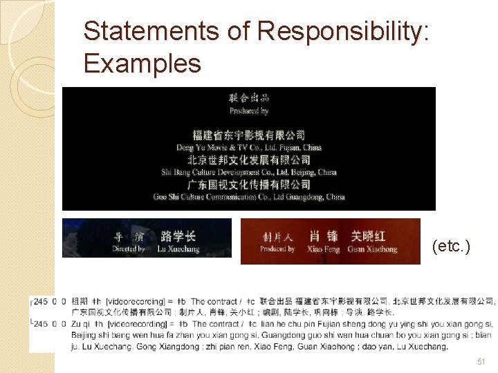 Statements of Responsibility: Examples (etc. ) 51 