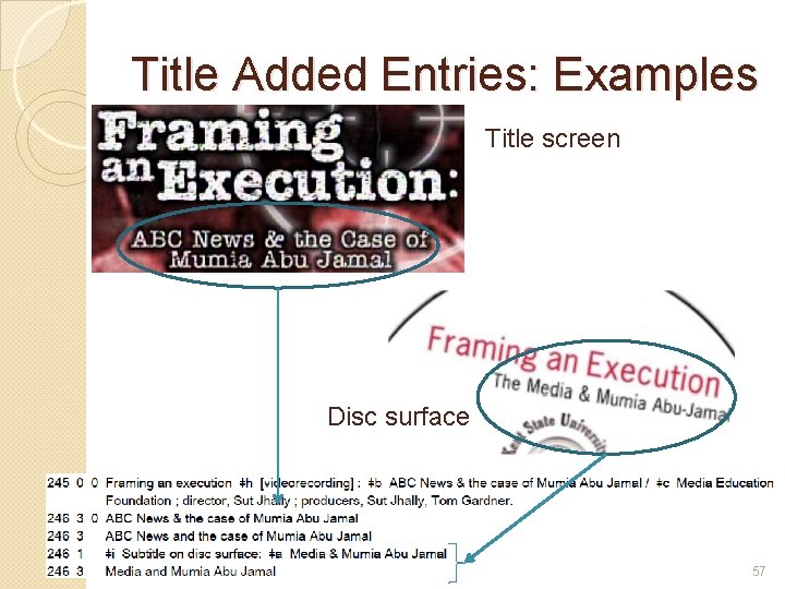 Title Added Entries: Examples Title screen Disc surface 57 