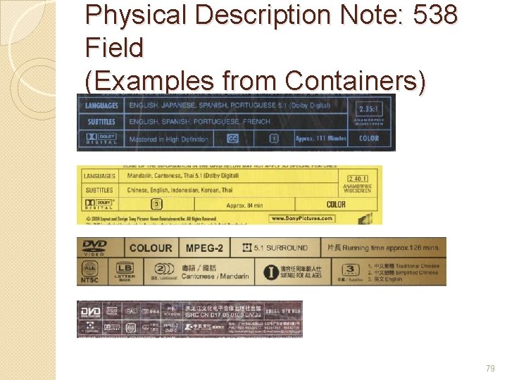 Physical Description Note: 538 Field (Examples from Containers) 79 