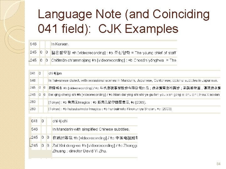 Language Note (and Coinciding 041 field): CJK Examples 84 