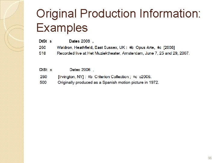 Original Production Information: Examples 96 