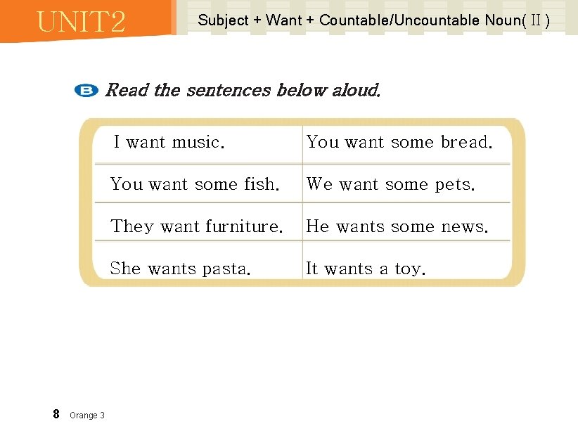 UNIT 2 Subject + Want + Countable/Uncountable Noun( II ) Read the sentences below